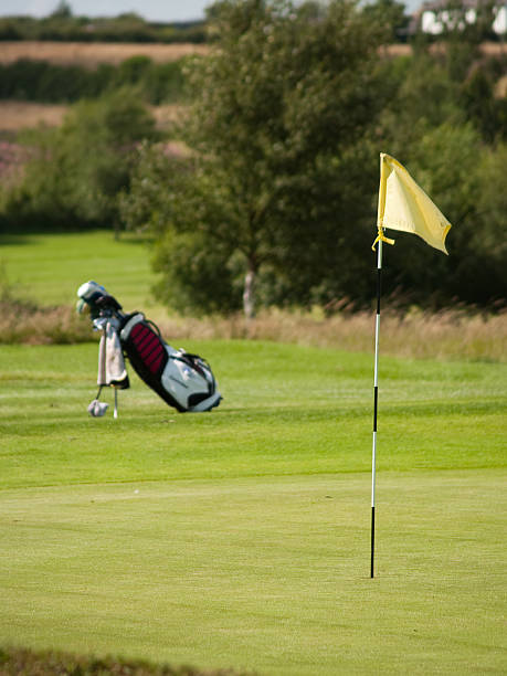 istock Golf course green flag and golf bag trolley no people 182754352