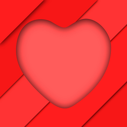 Red heart cut paper, art crafts on background with strips of red papers with shadow effect. 3D illustration