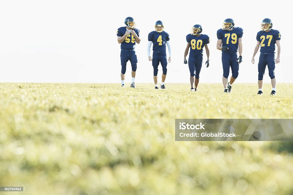 pro American futbolistas en azul uniforme en un campo - Foto de stock de Traje de fútbol americano libre de derechos