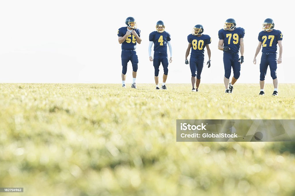 pro American calciatori in uniforme blu su un campo - Foto stock royalty-free di Maglietta da football americano