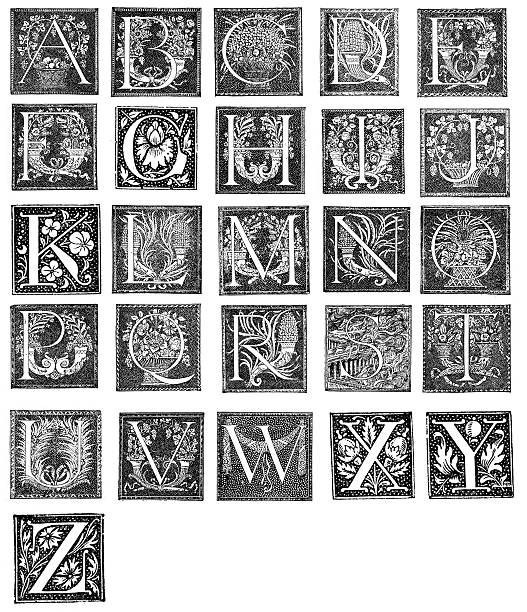 retro alphabet buchstaben - medieval illuminated letter stock-grafiken, -clipart, -cartoons und -symbole