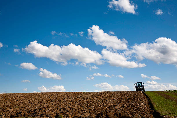 istock A tractor plowing the field for seeding under a blue sky 182756045