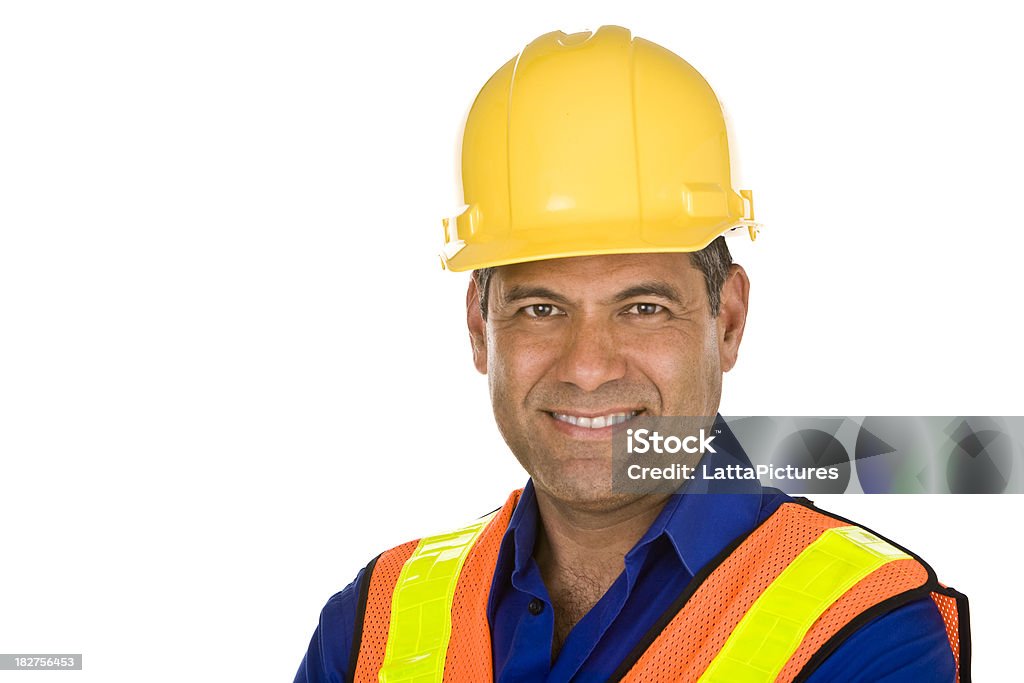 Mann mit Schutzhelm und Sicherheit Weste Bauarbeiter - Lizenzfrei Weißer Hintergrund Stock-Foto