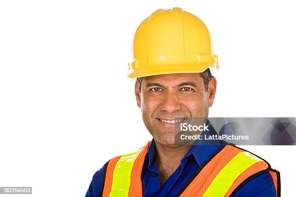 Mann Mit Schutzhelm Und Sicherheit Weste Bauarbeiter Stockfoto und mehr Bilder von Weißer Hintergrund
