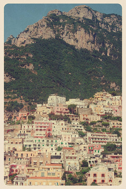 Praiano, Italy - VIntage Postcard "Retro-styled postcard of Praino, Italy - located on the Amalfi Coast." praiano photos stock pictures, royalty-free photos & images