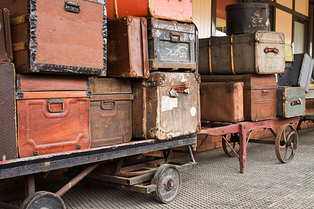 Old luggage on a railway platform.Alternative Image Shown Below -