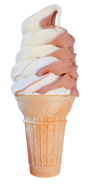 Vanilla/chocolate twist soft serve ice cream cone. File includes a clipping path.