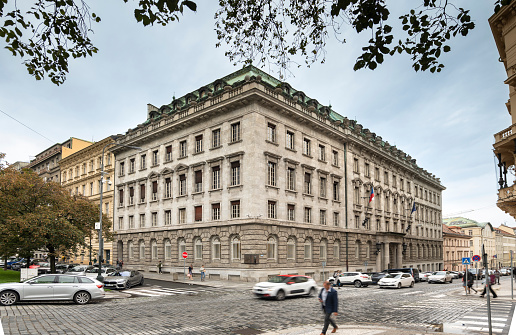 Prague, Czechia - September 15, 2022:  Petschek Palace building was former bank and during WWII became the headquarters of the Gestapo
