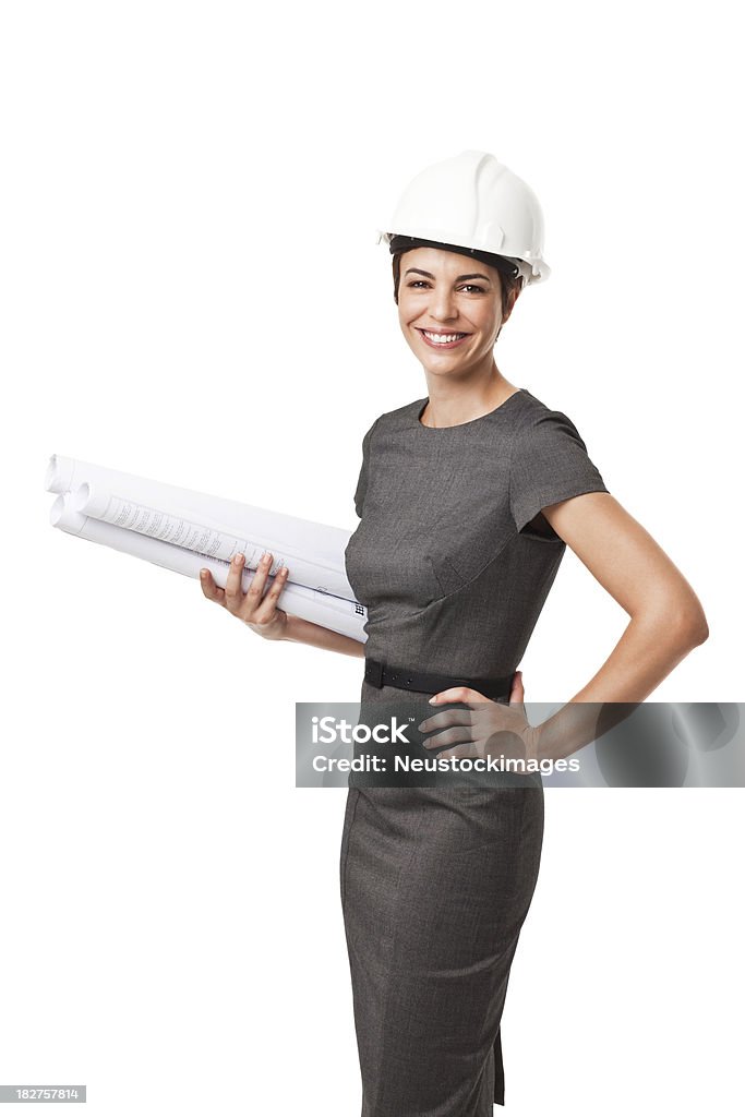 Empresária segurando planos de construção isolada no branco - Foto de stock de 30 Anos royalty-free