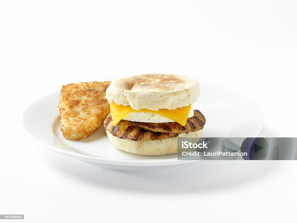 Sausage &amp; Egg, English Muffin Breakfast Sandwich "Sausage & Egg, English Muffin Breakfast Sandwich with Hashbrown Patties -Photographed on Hasselblad H1-22mb Camera" Cheese Stock Photo
