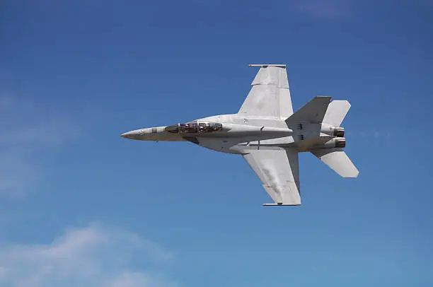 An F-18 cuts across a clear blue sky.