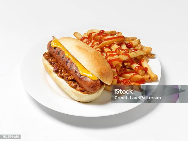 Chili Cheese Dog With Fries Stock Photo - Download Image Now - Chili Dog, American Culture, Bean