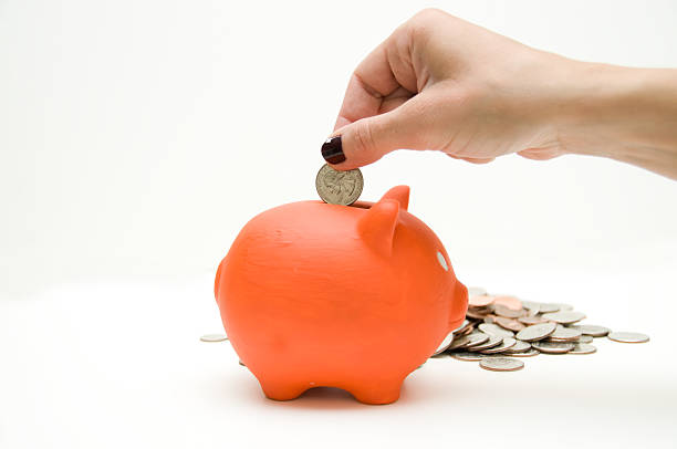 istock orange piggy bank and woman's hand 182759496