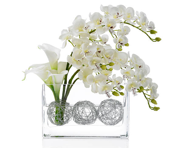 White orchid and calla lily bouquet on white background A stunning modern orchid and calla lily bouquet in a rectangular glass vase. This image has an embedded path which may be used to delete the reflection if desired. Photographed on a bright white background. Extremely high quality faux flowers. orchid white stock pictures, royalty-free photos & images