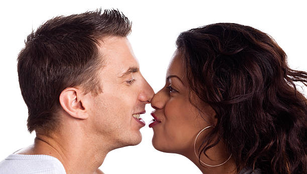 istock Intimate mixed racial couple head and shoulder isolated on white. 182760353
