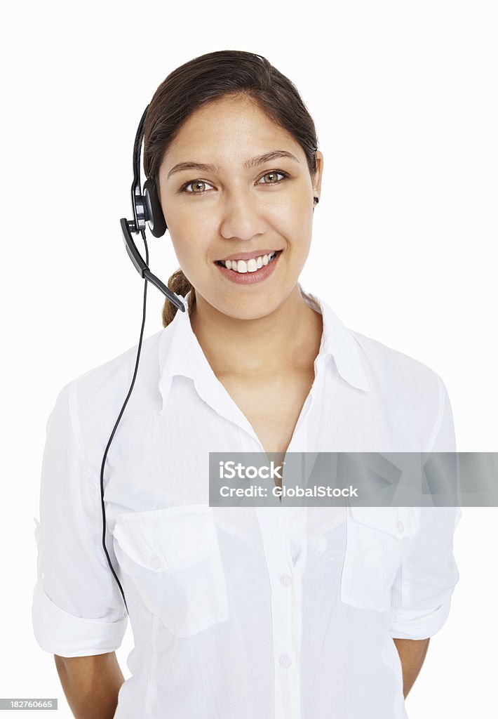 Portrait of call center employee wearing headset against white background Portrait of a smiling call center employee wearing headset against white background 20-24 Years Stock Photo