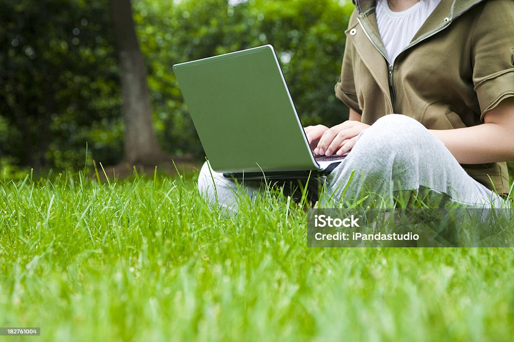 Usando o laptop no parque - Foto de stock de Aluno de Universidade royalty-free
