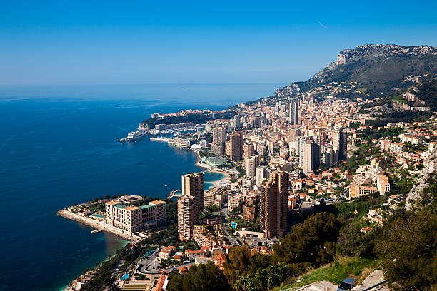 Monaco (Monte Carlo) panoramic "A beautiful view of Monte Carlo (Monaco) seen from the heights behind the city.Shot taken in Cote d'Azur, France.See other images of Monte Carlo here:" monaco photos stock pictures, royalty-free photos & images