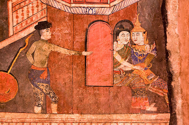 wandgemälde alten buddhistischen thai-tempel. - wat phumin stock-fotos und bilder