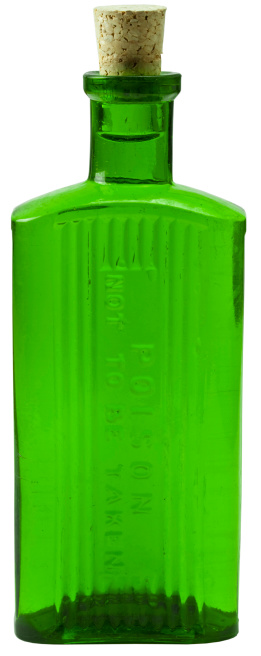 Green glass bottle with posion engraved on it.