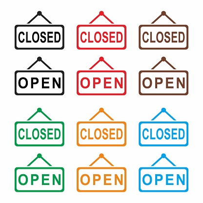 Open and close icon set. Open and close hanger board icons on transparent background. Open and close board symbol hanging in shop, restaurant, vector illustration. Business concept for closed and open