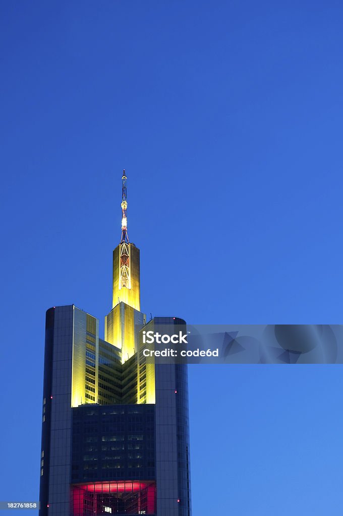 Frankfurt office building illuminated at night, Germany, copy space "Frankfurt office buildings, Germany, Commerzbank Tower, copy space, illuminated at night/evening." Antenna - Aerial Stock Photo