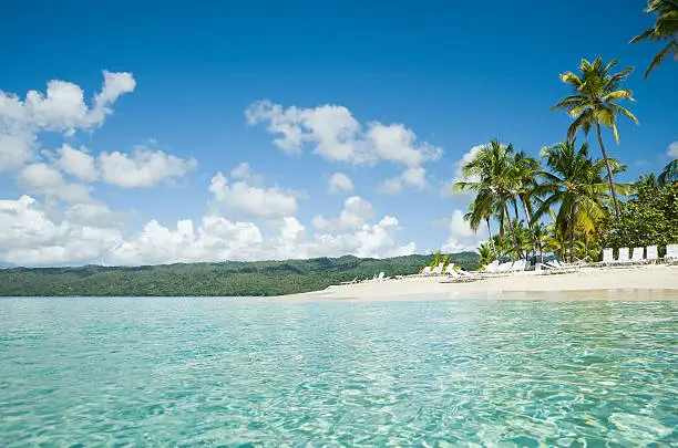 "Crystal clear sea water on a tropical island with beach chairs and palm trees (cayo levantado, Dominican Republic). More below in my beaches lightbox..."