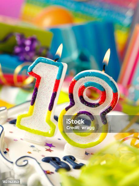 Number Eighteen Birthday Candle Stock Photo - Download Image Now - Birthday, Birthday Cake, Birthday Candle