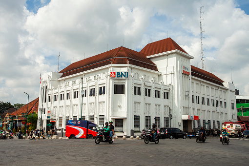 BNI building in the Zero Kilometer area of ​​Jogjakarta, Indonesia. One of heritage buildings in old town area of Jogjakarta.