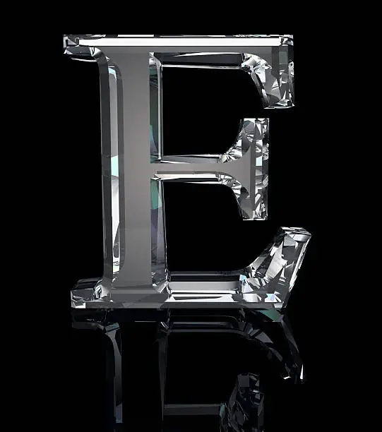 Letter E in faceted crystal. 3D render.