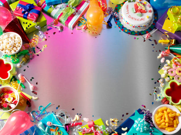 Frame For a Children's Birthday Party Frame for a children's birthday party with copy space on a light metal background.Click on the link below to see more of my party and wedding images tea party horizontal nobody indoors stock pictures, royalty-free photos & images