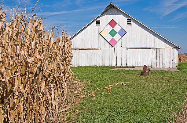 Quilt symbol on barn and corn in Iowa