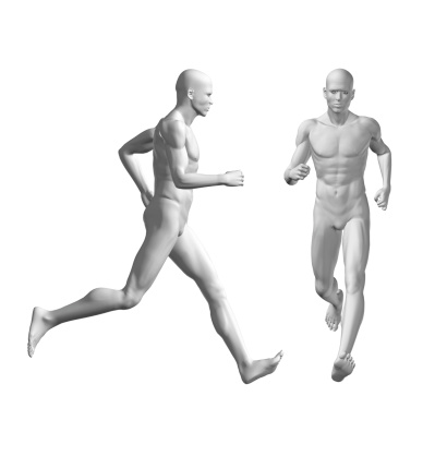 Human body running on isolated white background.