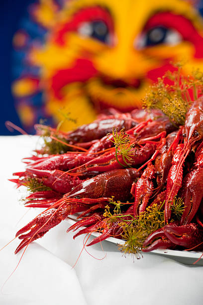 Many colorful crayfish on a plate with dill, blue background stock photo