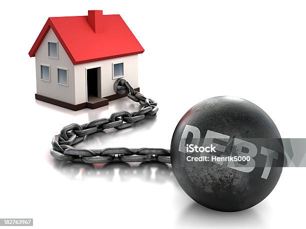 House Tied To Ball And Chain Of Debt Isolated Stock Photo - Download Image Now - House, Chain - Object, Ball and Chain