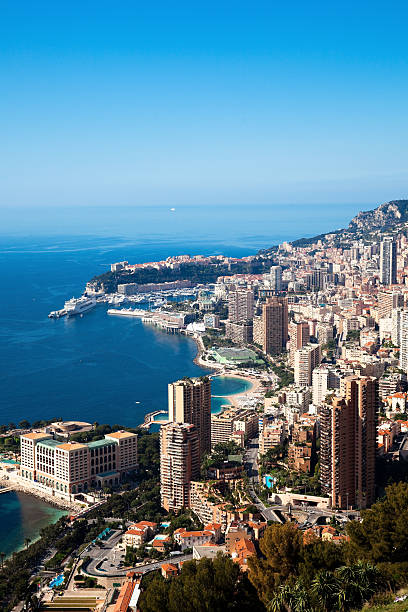 Monaco (Monte Carlo) panoramic (vertical) "A beautiful view of Monte Carlo (Monaco) seen from the heights behind the city.Shot taken in Cote d'Azur, France.See other images of Monte Carlo here:" monaco stock pictures, royalty-free photos & images