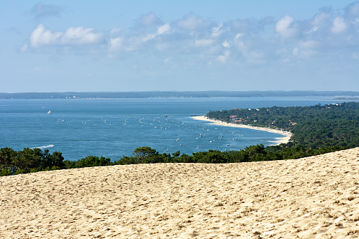 View down onto the Bassin of Arcachon with it's famous oyster farms, from the dune of Pyla, Europe's highest dune. South west france, gulf of Biscaya (Cote d'argent).