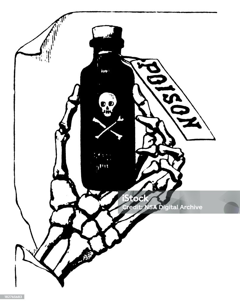 Mano che tiene la bottiglia velenosa/Antique illustrazioni progettuali - Illustrazione stock royalty-free di Sostanza tossica