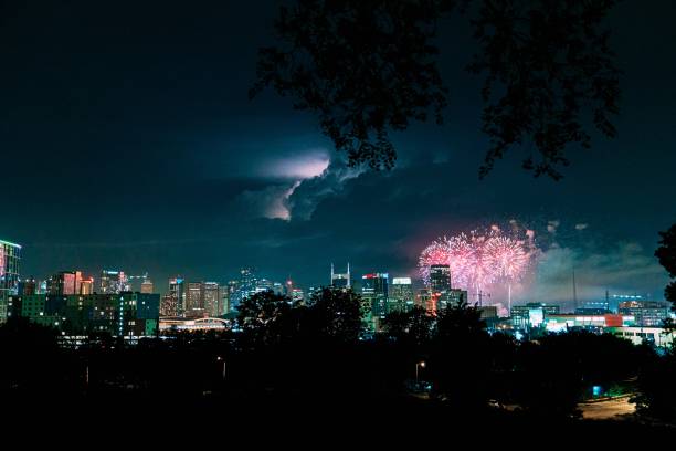 istock Lightning Storm Clouds over Downtown Nashville, Tennessee Skyline with Fireworks on Independence Day 1827670827