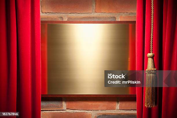 Red Velvet Curtain Reveals Blank Brass Plaque Stock Photo - Download Image Now - Curtain, Discovery, Memorial Plaque