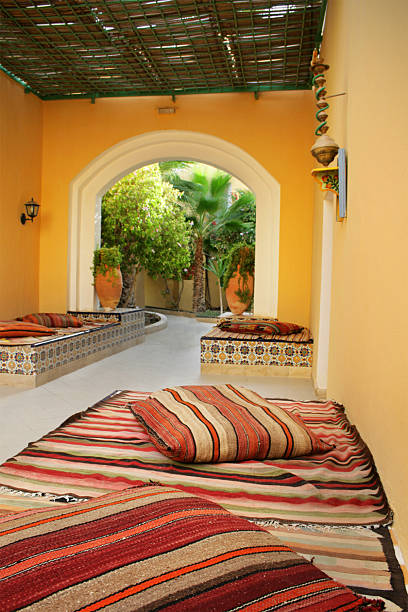 Beautiful hallway "Beautiful hotel hallway in oasis Douz, Sahara, Tunisia" tunisia sahara douz stock pictures, royalty-free photos & images