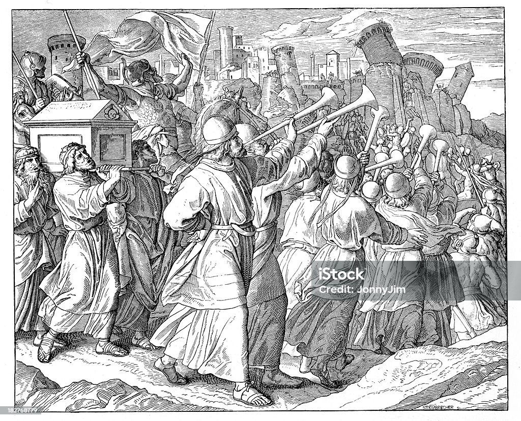 Victorian Bibbia illustrazione Walls of Jericho autunno preti blow evidenziare le luci - Illustrazione stock royalty-free di Gerico