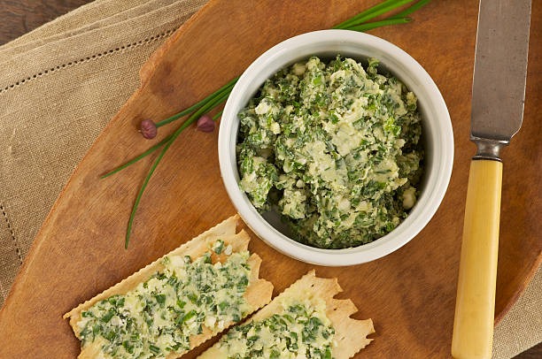 istock Wooden Plate with Watercress Cheese Spread and Crackers 182768866