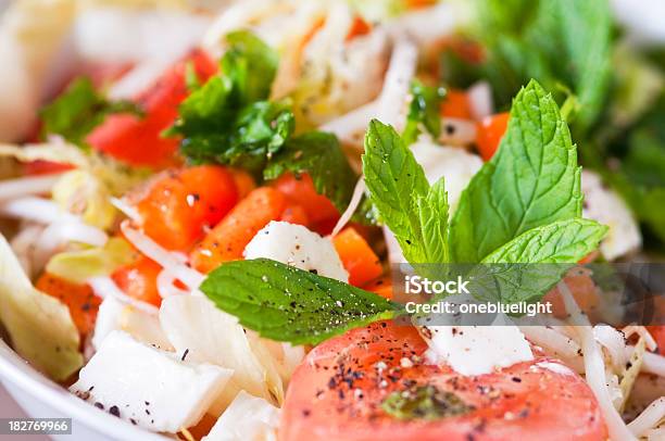 Mozzarella Pomodori Carote Insalata In Primo Piano - Fotografie stock e altre immagini di Menta - Erba aromatica