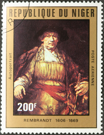 Rembrandt self portrait on a postage stamp