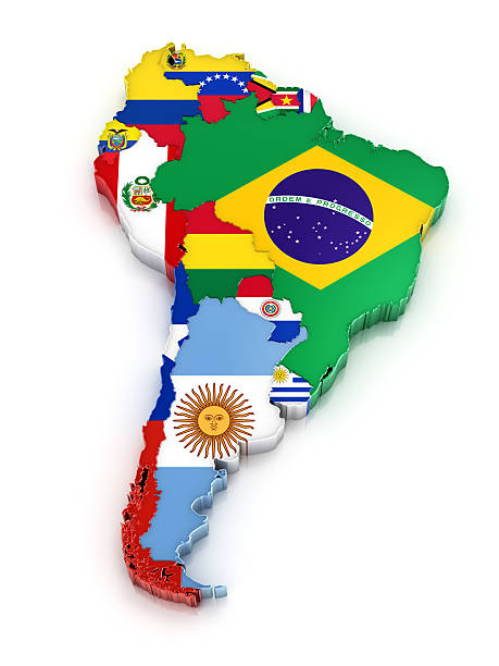 South America map with flags Map of South America with flags. Digitally generated 3d image. Isolated on white background. south amerika stock pictures, royalty-free photos & images