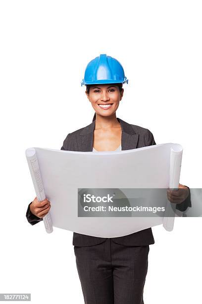 Photo libre de droit de Séduisante Femme Daffaires Avec Casque De Chantier Et De La Réalisation Isolé banque d'images et plus d'images libres de droit de Casque de chantier