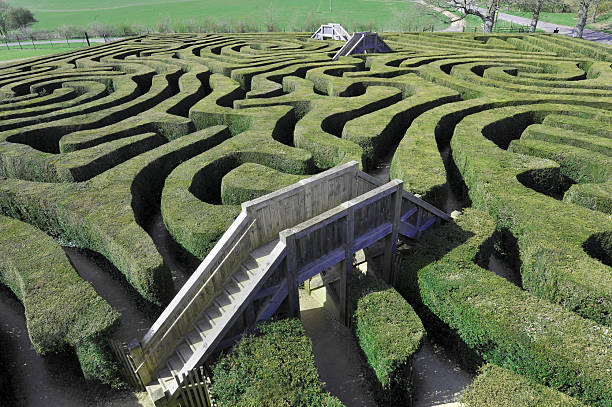 Maze with Bridges Bridges offer solutions through a maze of clipped topiary hedgesEngland Hidden Meaning stock pictures, royalty-free photos & images