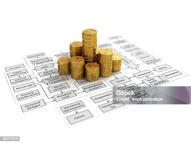 Diagrama De Flujo Y Monedas Foto de stock y más banco de imágenes de Símbolo - Símbolo, Moneda, Tridimensional