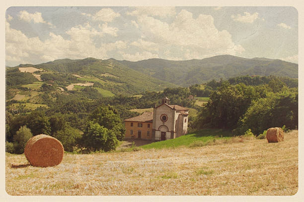 Monastery in Tuscan Foothills - Vintage Postcard stock photo